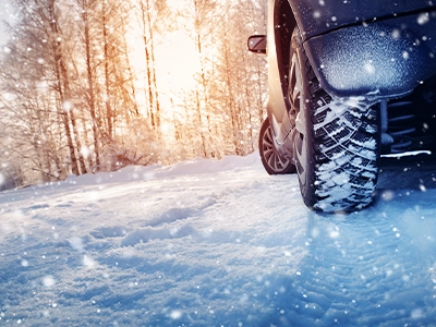 Vehicle driving in a snowy wooded area