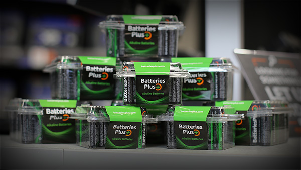 Tower of Batteries Plus Alkaline batteries