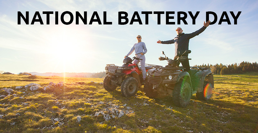 National Battery Day. Two people on ATVs in a field