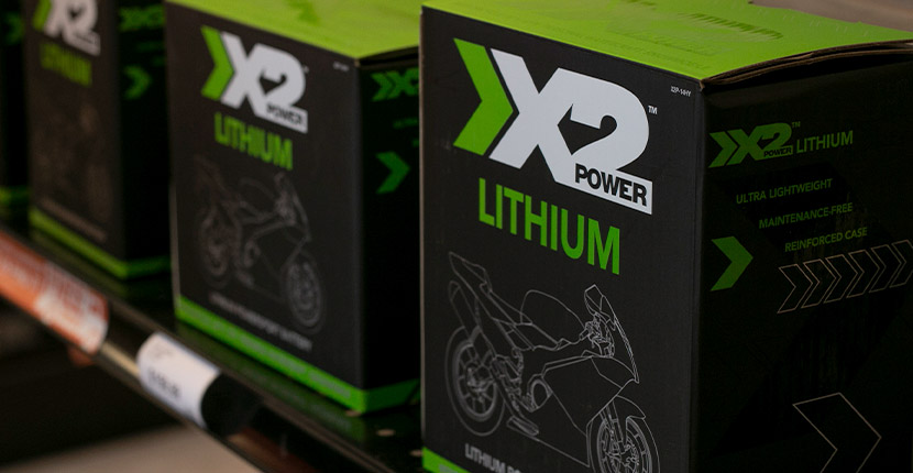 X2Power Lithium batteries on a shelf