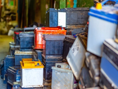 Pile of old sli batteries ready for recycling