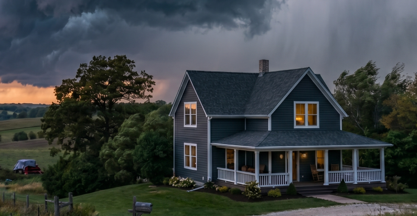 Blue house with white trim with severe weather behind it