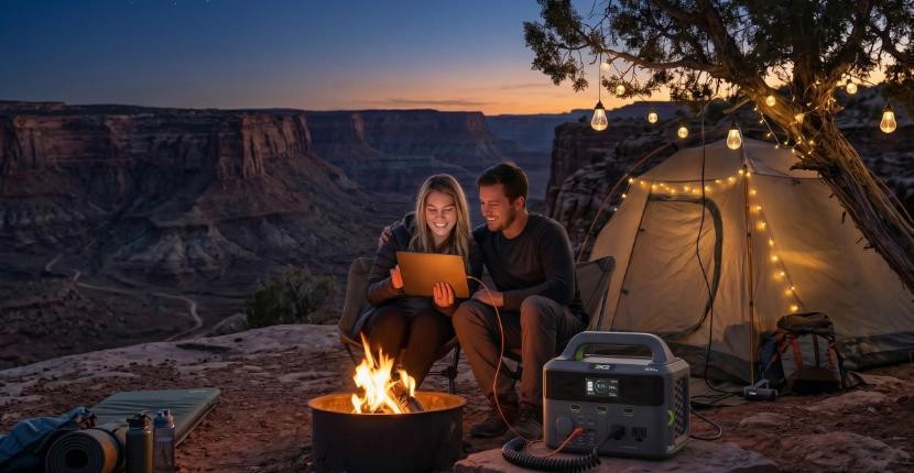 Two people sitting near a camp fire at dusk