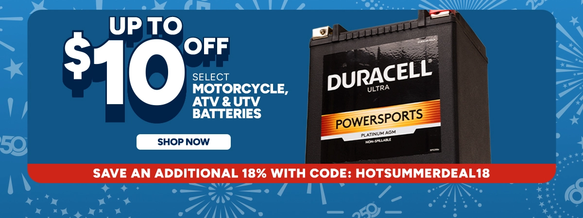 $10 off select Motorcycle, ATV & UTV Batteries. Shop Now. Save an additional 18% with code: HOTSUMMERDEAL18