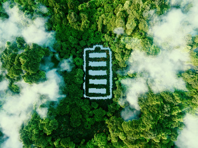 Overhead view of a battery shaped object in a wooded area