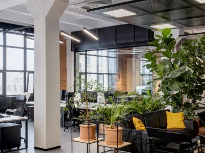 Open concept office area with plants and different types of lighting