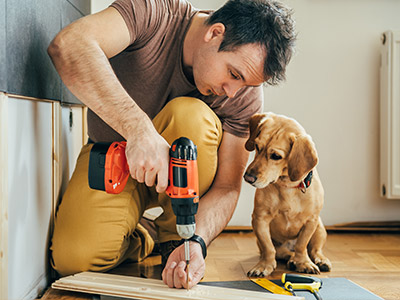 man drilling a board with a puppy looking on