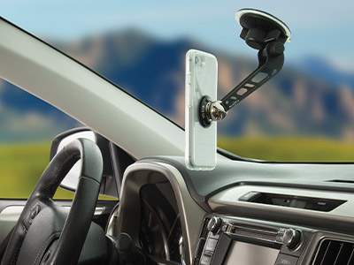 car windshield with a phone holder