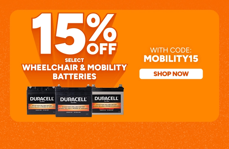 15% off select wheelchair & mobility batteries with code MOBILITY15 shop now