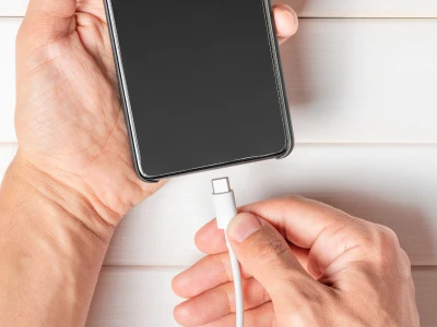 connecting a charger cord to a phone
