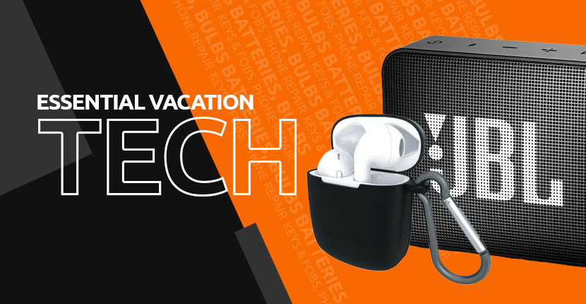 Essential vacation tech, earbuds and jbl speaker