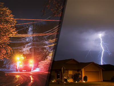 Work truck with lights on driving down an icy road, and a house at night with a large lightning bolt behind it