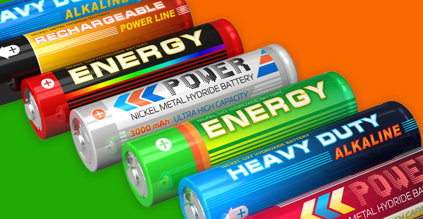 Row of different Alkaline batteries