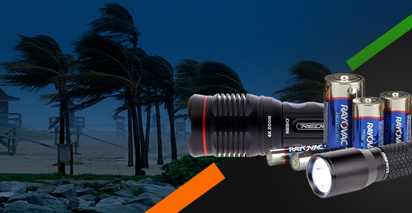Palm Trees blowing in the wind with a hero shot of 2 flashlights and 5 alkaline batteries