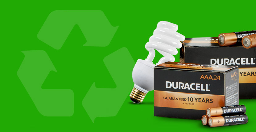 Two Duracell AAA battery boxes, five loose Duracell AAA batteries, and one spiral light bulb