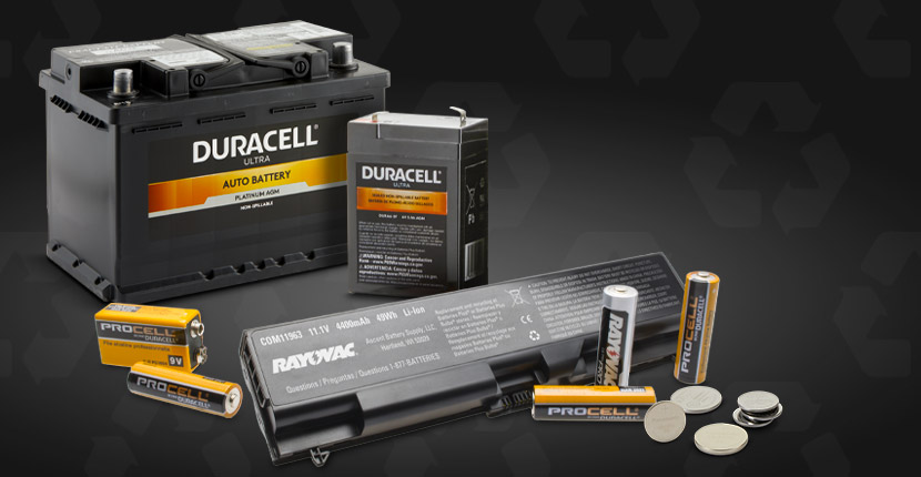 A Duracell auto battery, a Duracell ultra battery, one Procell 9V battery, 4 AA Procell batteries, one Rayvac light, and 7 button batteries