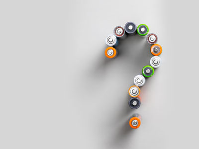Different Colored Alkaline Batteries in the shape of a question mark